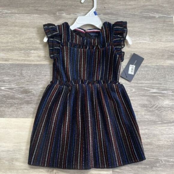 Tommy Hilfiger Kids Metallic 4th July Red Blue Striped Ruffle Dress Sz 2T Girls - Picture 2 of 8